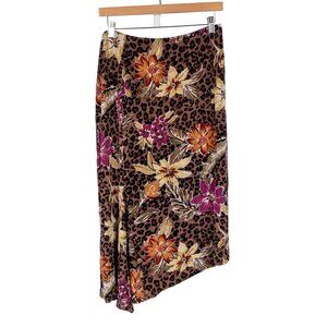 West End Tropical Skirt L Womens Leopard Print Floral Asymmetrical Elastic Waist